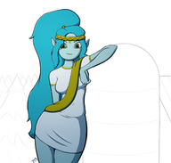 gentle giantess large_breasts long_hair green_eyes blue_hair smiling blue_skin sketch standing forest thighs outdoors trees leaning_against adventure_time source_needed hill canyon bare_legs splash_of_color