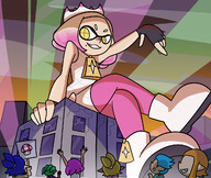 drawing giantess white_hair city color destruction clothed buildings low_angle yellow_eyes smiling pink_hair leggings short_hair sitting crown looking_down clouds outdoors sky legs_crossed sitting_on_building looking_at_tiny splatoon inkling cracked_wall splatoon_2 megamaliit pearl_(splatoon) mushroom_vs._star_splatfest