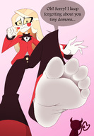 drawing gentle feet tail color clothed toes barefoot soles demon low_angle yellow_eyes heart looming shrunken_man dialogue no_background looking_at_tiny pale_skin rtuenuik2 hazbin_hotel charlie_(hazbin_hotel)