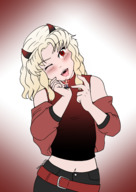 drawing blushing horns blonde tongue handheld saliva demon cute shrunken_man open_mouth no_background rarayagts