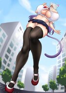 drawing white_hair panties tail upskirt long_hair cleavage glasses huge_breasts low_angle smiling outdoors giantress