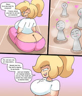 drawing blonde comic long_hair huge_breasts smiling ponytail sitting tinies looking_back big_butt dialogue panels winking between_buttcheeks on_breasts daisy-pink71