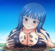 breasts drawing giantess city color large_breasts long_hair swimsuit destruction planet cleavage bra playful blue_hair huge_breasts breast_crush purple_eyes smiling lying_down hand looking_down fingers clouds outdoors sky all_fours looking_at_tiny cleavage_window thedaibijin on_breasts gia