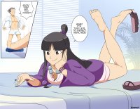 drawing black_hair color long_hair finger sandals shrunken_man ace_attorney phoenix_wright maya_fey dangerking11 top_knot