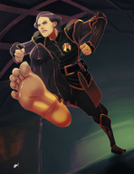 drawing feet color armor clothed toes barefoot soles angry low_angle short_hair foot_crush walking indoors grey_hair point_of_view mature raised_foot looking_away imminent_crush scar scamwich legend_of_korra lin_beifong