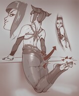 drawing feet monochrome butt clothed small_woman toes barefoot soles butt_crush anime stockings smiling short_hair chun_li street_fighter foot_play cruel small_women between_feet stuck looking_back panty_entrapment bangs juri_han struggling raised_feet no_background skimpy_clothing between_buttcheeks cammy_white stirrups kononiko cutaway clothing_entrapment squashing