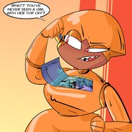drawing color robot looking_down dangle dark_skin shrunken_person shannon between_fingers dialogue pinched looking_at_tiny ok_k.o.!_lets_be_heroes slugmanoctavio3 cartoon_network