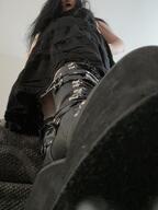 giantess collage black_hair large_breasts low_angle boots foot_crush shrunken_man looking_down lipstick goth indoors point_of_view imminent_crush gothgiant black_lipstick