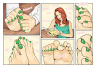 drawing feet comic color clothed toes barefoot cleavage soles bed green_eyes climbing squeeze red_hair unaware shrunken_man between_toes indoors nail_polish reading smushedboy scrunch cleavage_window sheograth10 shrunk_at_college liz_orfino