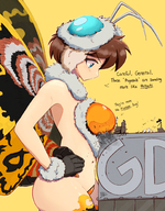 breasts drawing giantess wings city color large_breasts butt destruction blue_eyes buildings breast_crush brunette short_hair camera looking_down standing outdoors dialogue semi_nude hands_on_hips filming no_background kaiju looking_at_tiny anon against_breast antennae podium mothra bare_midriff ncmares yohomeboync yohomeboyraps girlskaiju out_of_frame