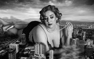 collage city monochrome large_breasts destruction lying_down looking_down outdoors necklace