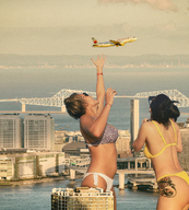 bikini giantess collage city clothed buildings smiling airplane sunglasses outdoors hair_bun kyoujingirls
