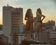 bikini collage city long_hair buildings brunette outdoors giantesss kyoujingirls