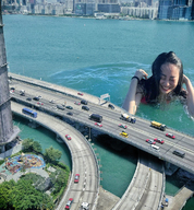 collage city black_hair long_hair buildings wet smiling swimming outdoors giantesss kyoujingirls