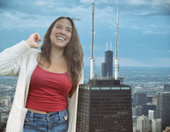 breasts giantess collage city mega long_hair clothed buildings brunette smiling airplane outdoors necklace chicago kyoujingirls