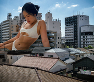 breasts giantess collage city mega black_hair asian short_hair sitting outdoors hair_bun bare_midriff kyoujingirls
