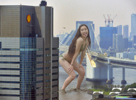 giantess collage city mega long_hair bridge water brunette asian river outdoors crouching looking_back kyoujingirls