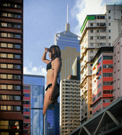 bikini giantess collage city long_hair clothed buildings outdoors kyoujingirls
