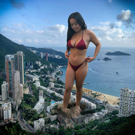 bikini breasts giantess collage city mega black_hair long_hair destruction beach water smiling looking_down outdoors kyoujingirls