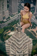 breasts giantess collage city mega black_hair long_hair buildings smiling sitting looking_down outdoors kyoujingirls