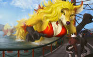 bikini drawing giantess furry macro tail anthro blonde color large_breasts bridge destruction claws cleavage water fox yellow_eyes husky leopard fangs vehicles outdoors commission vulpine talons smirking bare_midriff looking_at_tinies etrii darkvulpine2 kaitain tasiaweaver