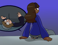 drawing color long_hair butt clothed butt_crush brunette love sitting kissing looking_down looking_back headband rear_view no_background looking_at_tiny megamaliit molly frustrated norm