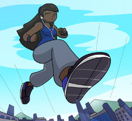 drawing giantess feet city color destruction buildings shoes brunette sweat foot_crush running sneakers clouds outdoors sky closed_eyes raised_foot headband imminent_crush earphones megamaliit molly