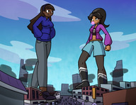 drawing giantess city mega black_hair color destruction clothed buildings green_eyes shoes brunette smiling zoey leggings boots walking giantesses clouds sky thigh_highs headband bubblegum smirking bare_midriff dochamps megamaliit molly