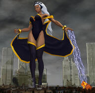 breasts giantess white_hair city mega long_hair destruction handheld rampage cleavage buildings train boots foot_crush explosion storm cruel dark_skin cape lightning leotard tiara x-men white_eyes digital_render marvel_comics roodedude