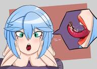 breasts drawing nude vore color large_breasts tongue mouth cleavage saliva green_eyes blue_hair huge_breasts lying_down short_hair shrunken_woman inside_mouth all_fours nail_polish kayla on_tongue no_background saliva_strands khalcifieron sticking_out_tongue hand_on_face smallviolet cross_eyed
