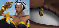 breasts giantess white_hair mega large_breasts long_hair handheld cleavage boots storm cruel mask dark_skin between_fingers cape belt leotard tiara x-men wolverine looking_at_tiny white_eyes digital_render cyclops marvel_comics roodedude