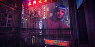 giantess buildings blue_hair smiling short_hair sitting rain outdoors digital_render render-farmer