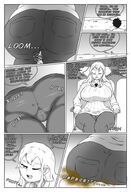 drawing comic monochrome butt_crush huge_breasts low_angle smiling sitting fart laughing closed_eyes dialogue panels