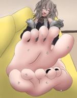 drawing feet blonde color long_hair clothed barefoot smiling lying_down shrunken_people indoors nail_polish closed_eyes point_of_view necklace laugh sofa stuck_to_foot climbing_foot dog_ears hololive stas13robtop shishiro_botan