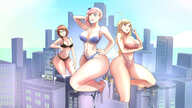 breasts drawing giantess panties city mega blonde long_hair destruction cleavage bra buildings glasses brunette underwear smiling pink_hair short_hair looking_down giantesses thighs leaning_against_building outdoors hands_on_hips sitting_on_building winking bubimun sidetail