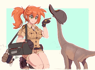 drawing gentle giantess color large_breasts clothed green_eyes red_hair ponytail dinosaur kneeling shorts headphones grass outdoors hat bag orange_hair poking no_background jurassic_park bare_legs ncmares yohomeboync yohomeboyraps park_ranger raps jenn_(ncmares)
