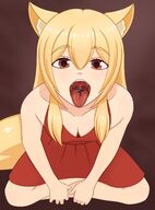 breasts drawing vore tail blonde color large_breasts long_hair tongue clothed mouth cleavage skirt saliva red_eyes huge_breasts fox high_angle fox_ears dress kitsune prey looking_up lisa fox_girl point_of_view looking_at_viewer on_tongue no_background pred cleavage_window bare_legs cross_legs saliva_strands khalcifieron