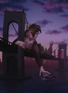 bikini drawing gentle giantess furry macro tail anthro city black_hair color butt bridge water buildings green_eyes leopard lying_down fangs reaching river boats thighs outdoors commission dusk canal on_bridge traffic_jam eris foreshortening bare_legs bare_midriff armageddon_the_dutchie lion_down shushushunti