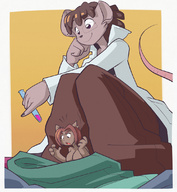drawing furry tail cat anthro color clothed glasses shrinking brunette purple_eyes shocked low_angle mouse nikki ducky red_hair short_hair squatting shrunken_woman looking_down lab_coat shrinking_out_of_clothes hand_on_head
