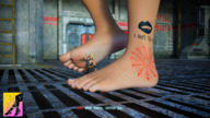 toes barefoot soles shrunken_man indoors tattoo dialogue digital_render onlyyougts