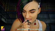 vore black_hair long_hair smiling indoors closed_eyes dialogue digital_render cyberpunk onlyyougts cyberpunk_2077