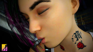 vore purple_hair indoors tattoo closed_eyes digital_render pursed_lips onlyyougts