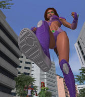 breasts giantess city mega alien blonde long_hair bra buildings green_eyes angry low_angle teen_titans red_hair starfire boots harley_quinn twintails foot_crush shorts collar open_mouth batman costume poison_ivy bracelet imminent_crush green_skin looking_at_tiny digital_render dc_comics orange_skin bare_legs roodedude