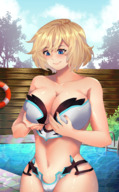 bikini breasts drawing gentle blushing blonde large_breasts blue_eyes smiling camel_toe short_hair pool shrunken_man looking_down clouds outdoors sky looking_at_tiny bare_legs cupping_breasts bare_midriff between_breasts tsumi daichi777 tsumi_umi_sushi