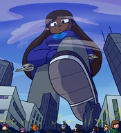 drawing giantess feet city color long_hair clothed helicopter shoes brunette low_angle scared foot_crush looking_down skyscraper sneakers clouds outdoors sky point_of_view headband imminent_crush looking_at_tiny megamaliit molly norm
