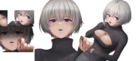 giantess white_hair vore large_breasts cleavage purple_eyes mouthplay short_hair shrunken_woman teasing sweater grey_hair between_fingers between_lips cleavage_window bullying between_breasts kuroihassan open_chest_sweater schoolgirls
