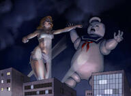 breasts drawing giantess panties city color cleavage bra buildings muscles fighting night poster hat ripped_clothing orange_hair spotlights attack_of_the_50_foot_woman white_bra nancy_archer bare_legs ghostbusters stay_puft_marshmallow_man bare_midriff nick_perks