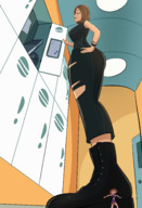 breasts drawing color long_hair butt skirt green_eyes brunette low_angle red_hair cheerleader short_hair boots school kim_possible unaware shrunken_woman pants dark_skin goth disney mirror top ripped_clothing bracelet hands_on_hips bare_legs cheerleader_uniform bare_midriff caiman2 bonnie_rockwaller picjusbro t-shirt locker