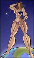 bikini breasts drawing giantess earth giga space color large_breasts long_hair planet water ocean brunette muscles hands_on_hips cosmic_giantess flag_bra picjusbro
