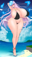 bikini drawing giantess color long_hair beach barefoot water touhou purple_hair huge_breasts purple_eyes outdoors skull thick_thighs bare_midriff huge_butt hata_no_kokoro bare_legss